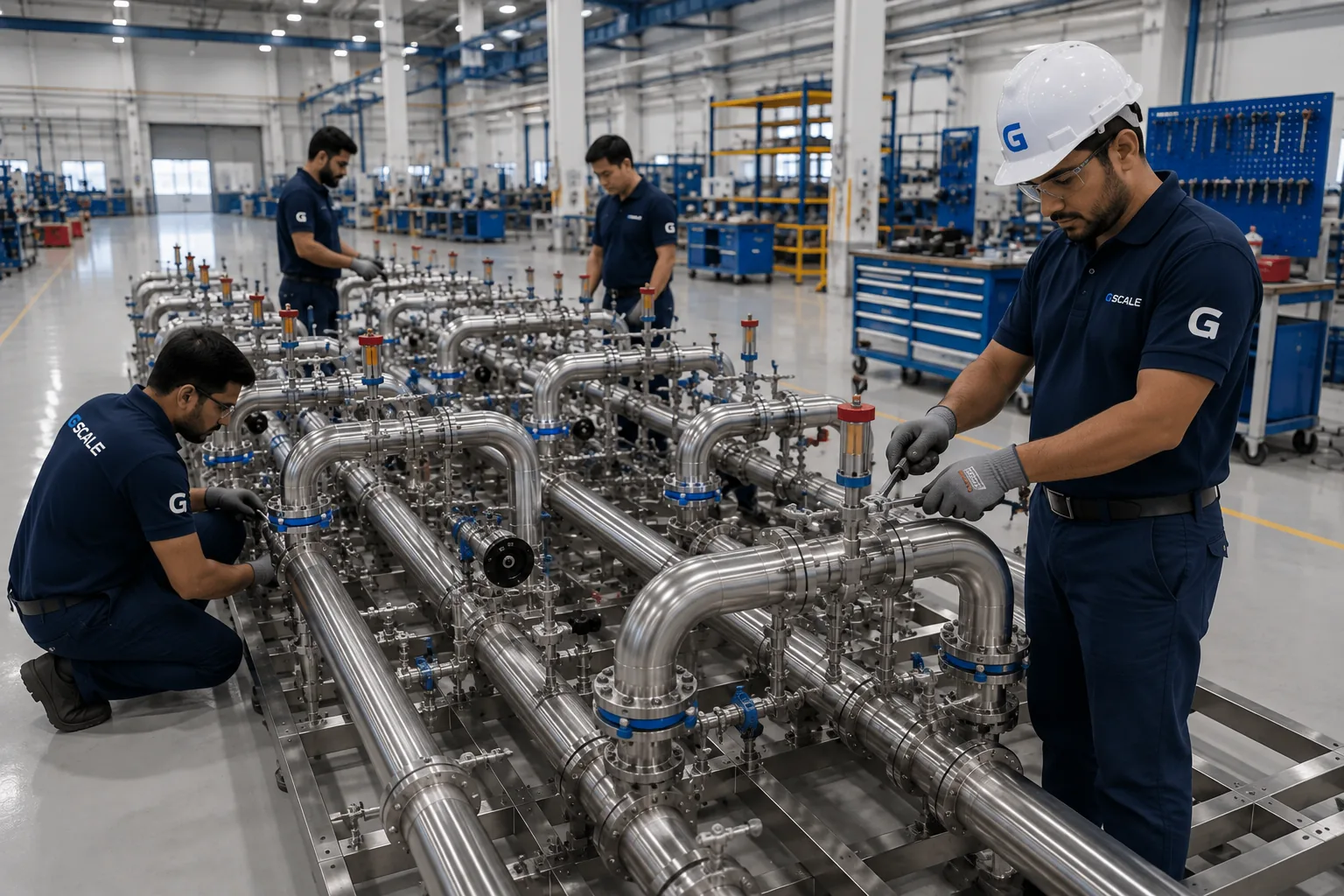 GScale technicians assembling cooling manifolds on the factory floor