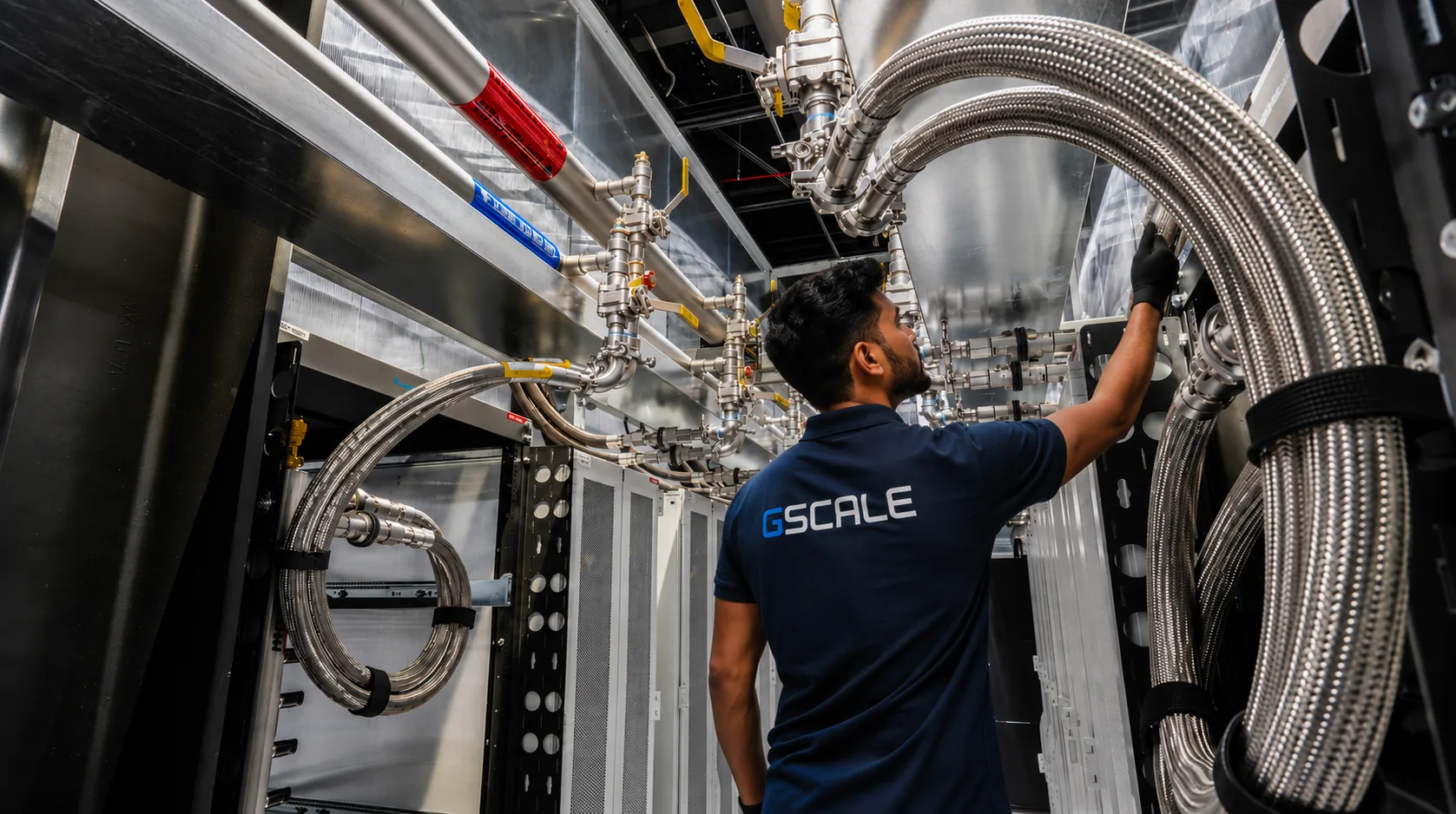 GScale technician assembling datacenter cooling piping